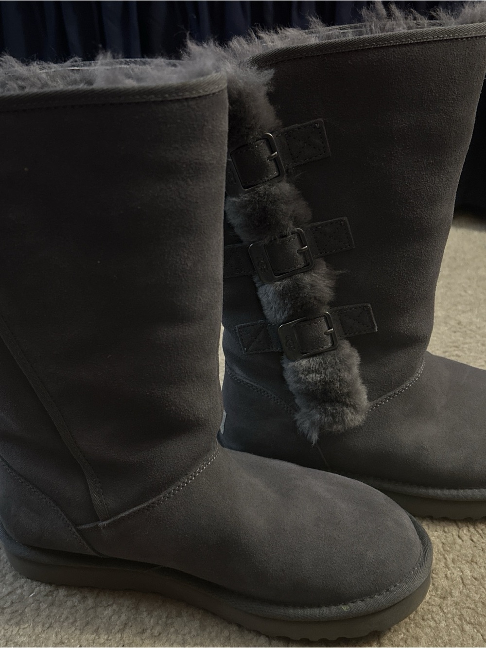 UGG Tall Suede Winter Boots with Fur Trim in Dark Gray